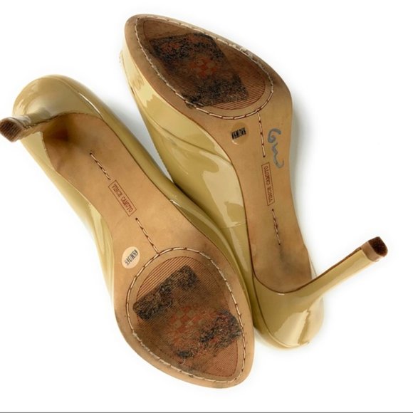 Vince Camuto Patent Peep Toe Heels in Tan - Picture 5 of 5